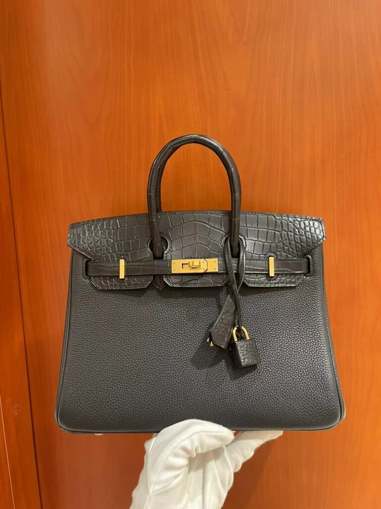 爱马仕铂金包 Birkin 25 Touch 触碰版黑金手提包 德国Togo皮与鳄鱼皮的完美融合