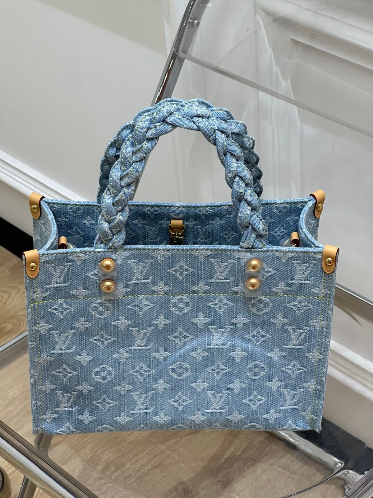 路易威登 Let Go 小型托特包28cm Monogram 蓝色牛仔布手提包 配编织手柄 - 图片 10