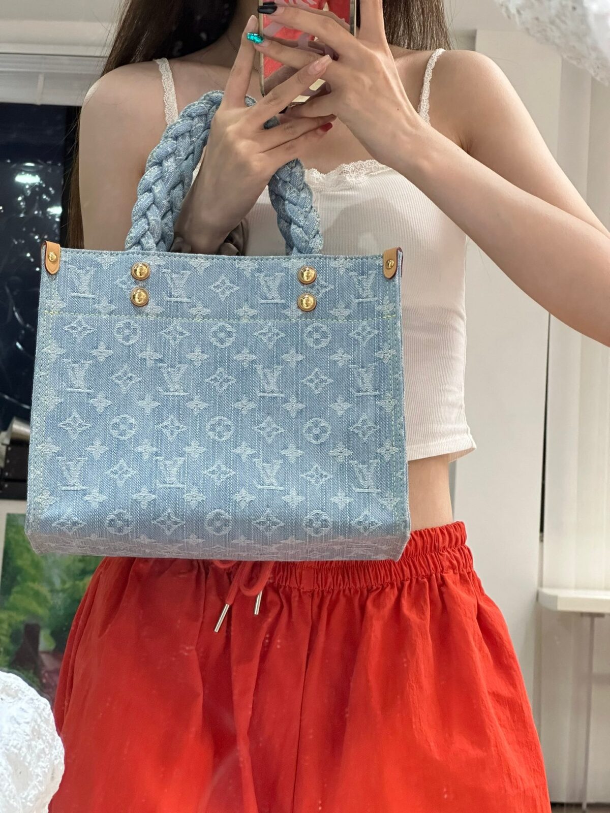 路易威登 Let Go 小型托特包28cm Monogram 蓝色牛仔布手提包 配编织手柄 - 图片 11