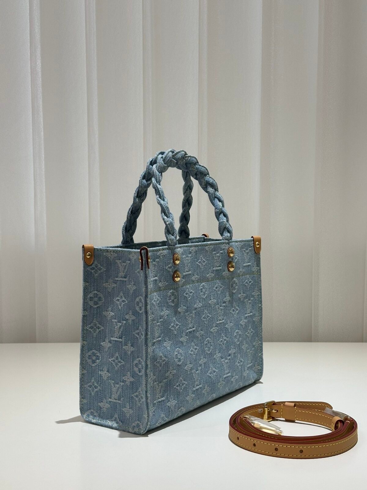 路易威登 Let Go 小型托特包28cm Monogram 蓝色牛仔布手提包 配编织手柄 - 图片 2