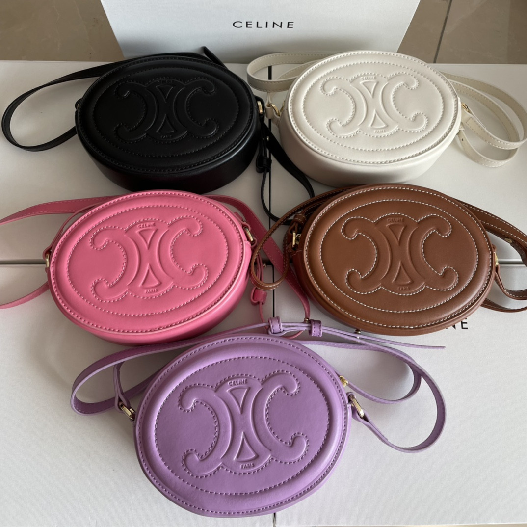 赛琳 CELINE 光滑牛皮椭圆形斜挎包16cm 小月饼包 多色可选 TRIOMPHE 标志印花 1