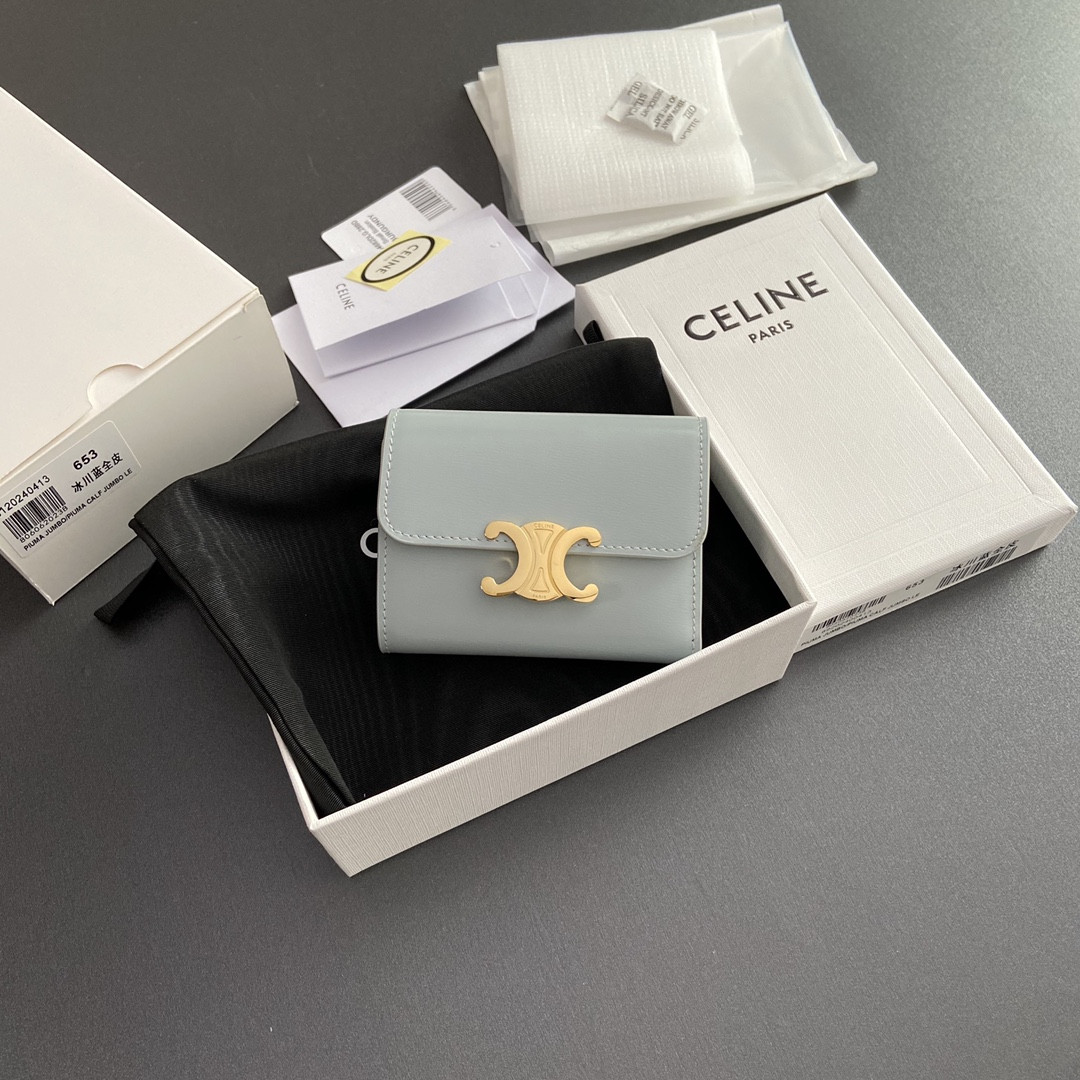 赛琳 CELINE 凯旋门亮泽牛皮短款钱包 TRIOMPHE 冰川蓝/卵石 5色迷你皮夹 – Image 2 赛琳 CELINE 凯旋门亮泽牛皮短款钱包 TRIOMPHE 冰川蓝/卵石 5色迷你皮夹 – Image 2