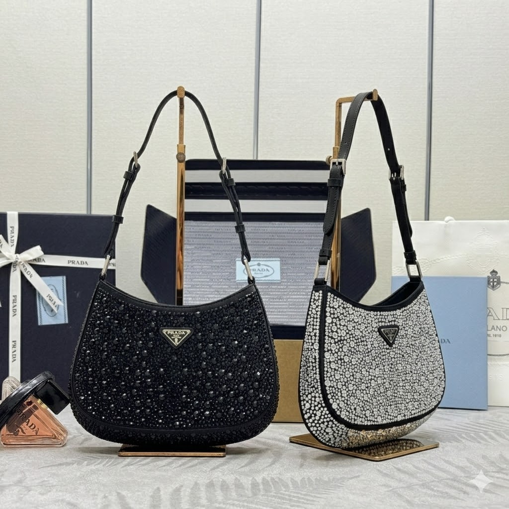 Prada 普拉达 Cleo 满天星单肩包 1BC169 缎面水钻腋下包