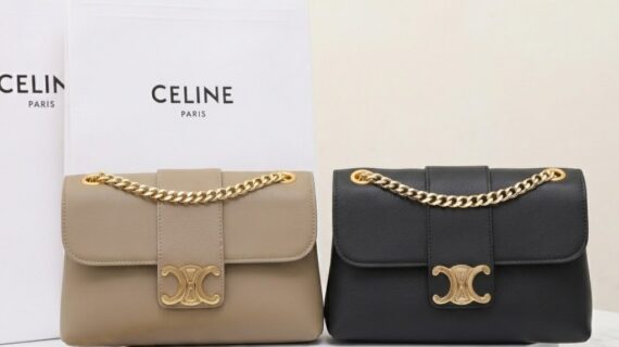 赛琳 CELINE 凯旋门链条包21cm 意原厂皮翻盖单肩包 大象灰与黑色双色