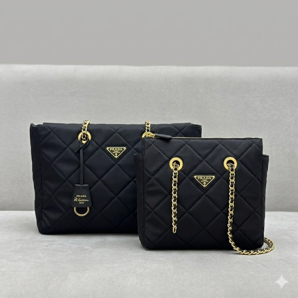 普拉达 Prada 中古款菱格流浪包 35cm/25cm 经典黑金尼龙链条包