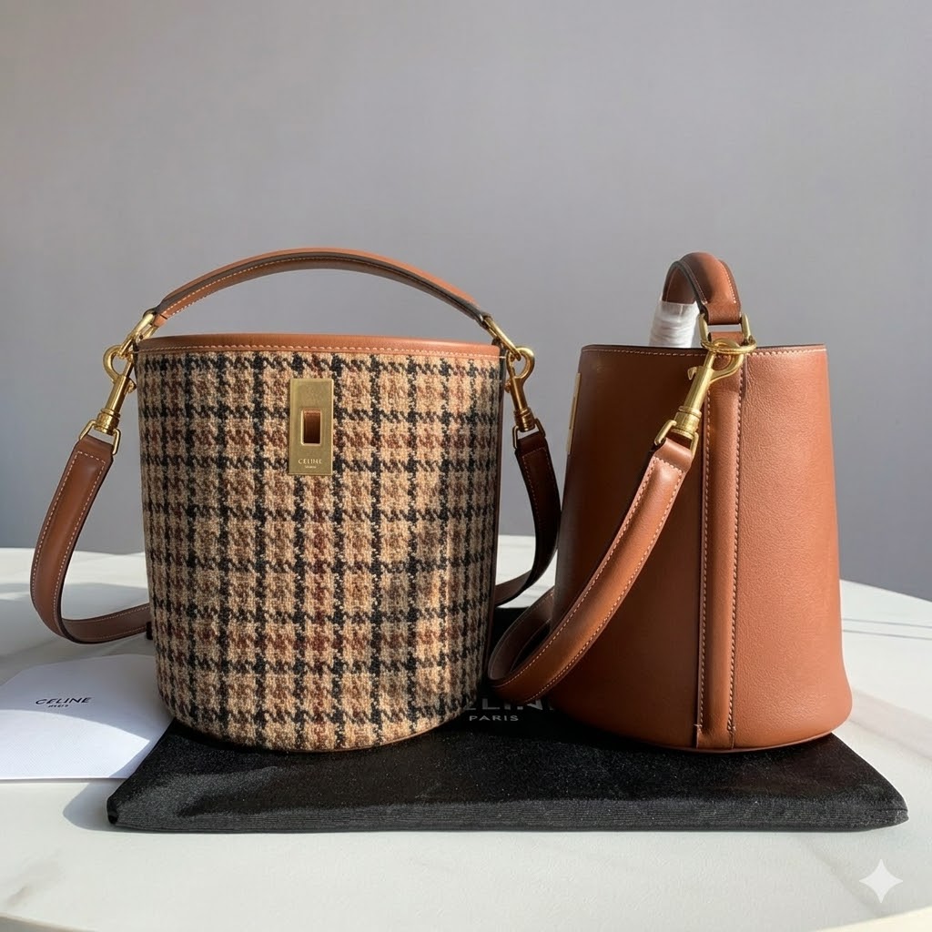 CELINE 赛琳水桶包16x18cm 千鸟格与棕色小牛皮手提包Teen Bucket 16 19