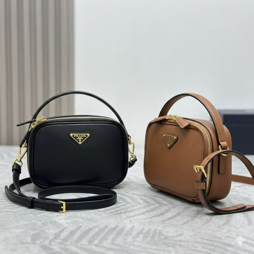 Prada 普拉达 小牛皮相机包18.5cm 经典黑与焦糖棕 1BH203 小方盒配肩带