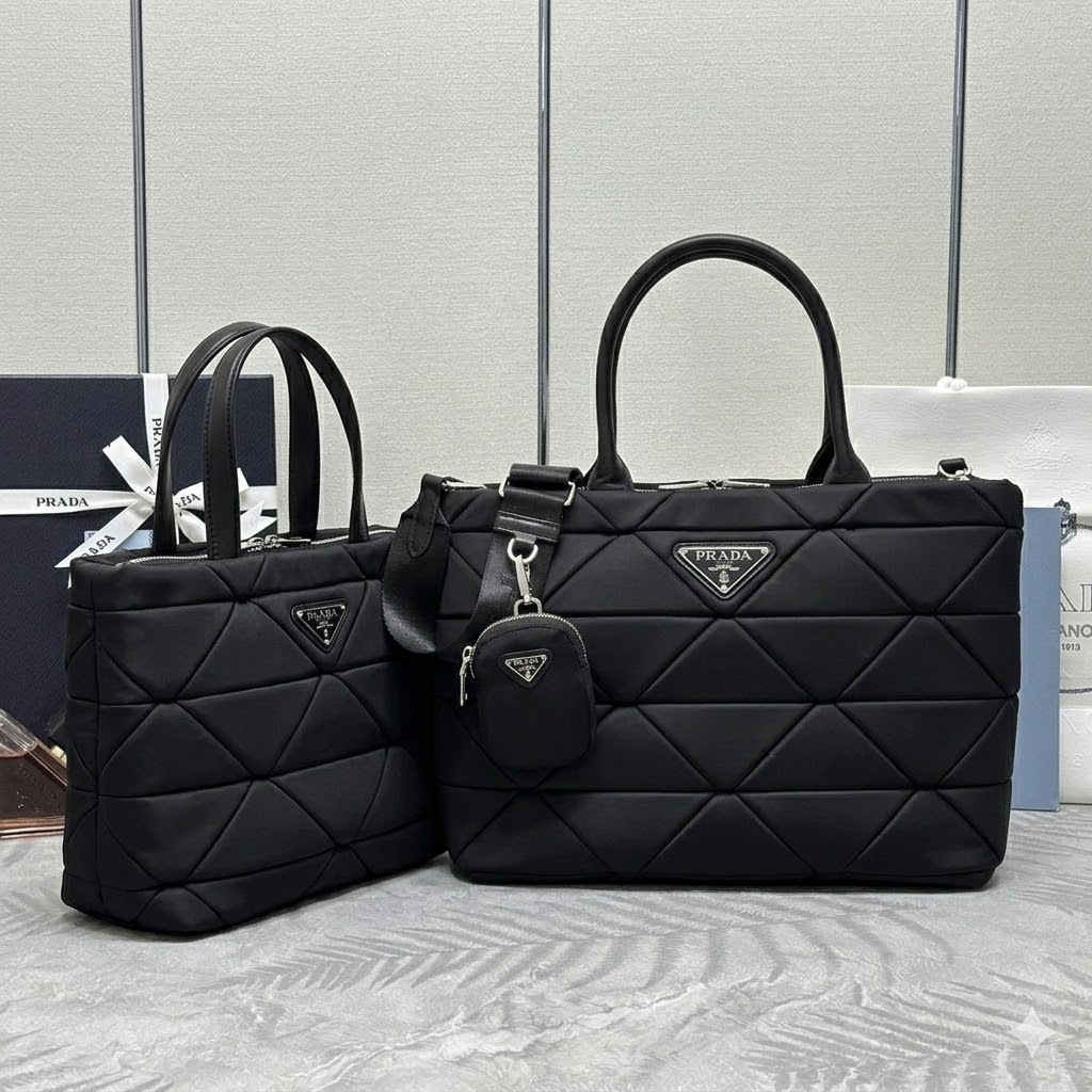 Prada 普拉达 菱格尼龙托特包 25cm/33cm 妈咪包配肩带