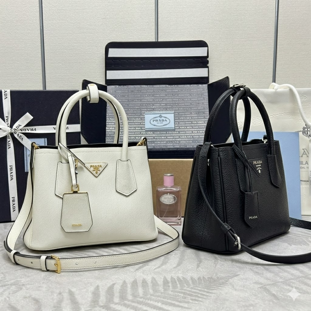 Prada 普拉达 Double 迷你购物袋 十字纹与荔枝纹 手提包白色黑色1BG443