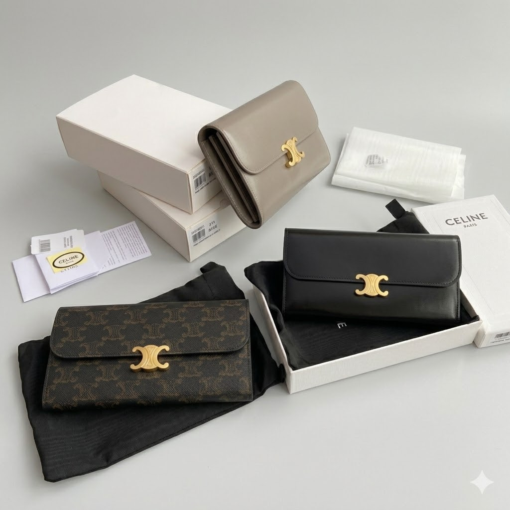 CELINE 赛琳 TRIOMPHE 凯旋门大号翻盖钱包19cm WOC 经典老花、黑色与卵石色小牛皮 CELINE 赛琳 TRIOMPHE 凯旋门大号翻盖钱包19cm WOC 经典老花、黑色与卵石色小牛皮