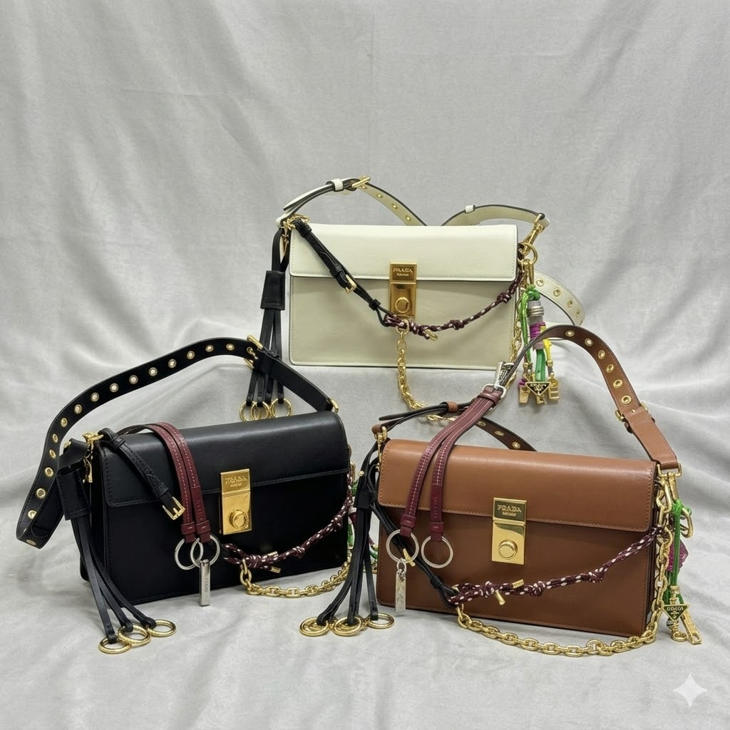 普拉达 皮革斜挎包 PRADA Soft Sound 链条包带可拆卸吊坠1BD379 黑白棕