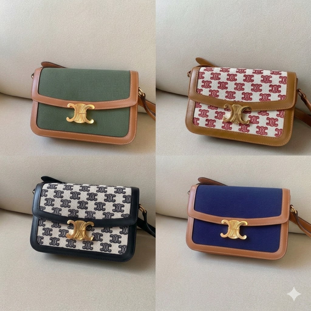 赛琳 CELINE 凯旋门中号帆布拼接皮革单肩包 22.5cm 复古老花刺绣翻盖包 37