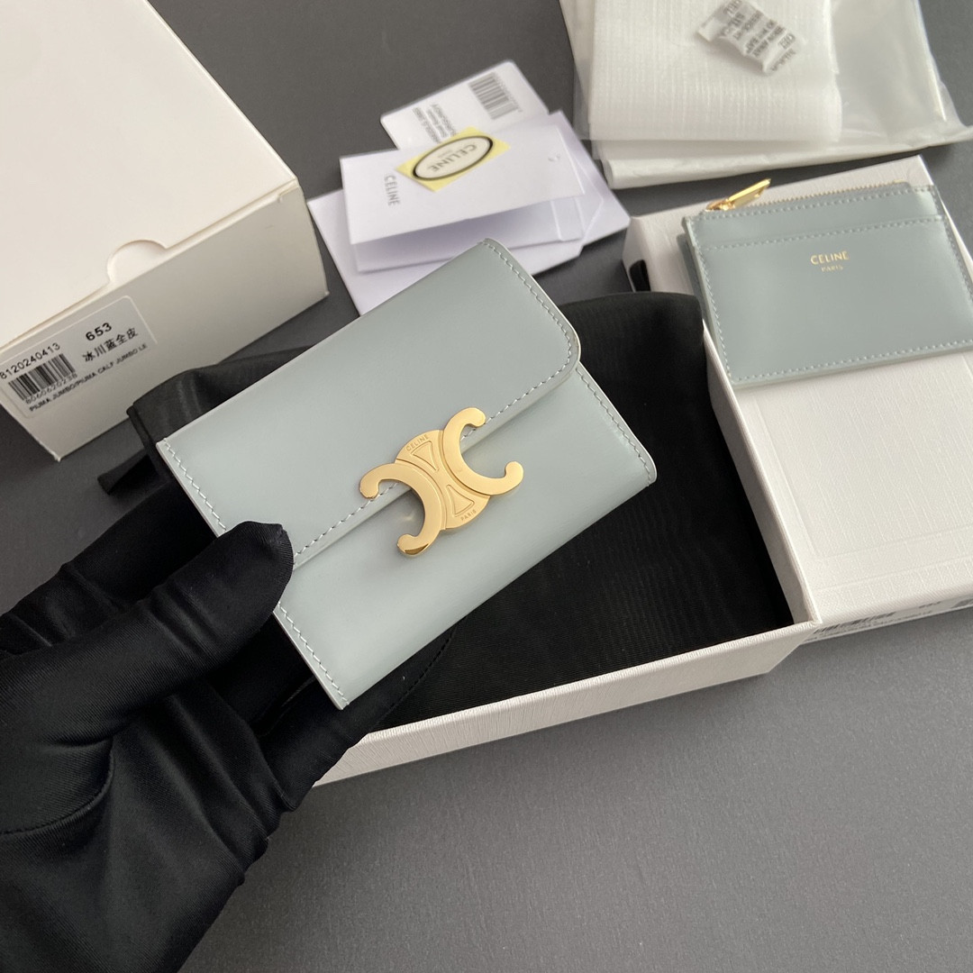 赛琳 CELINE 凯旋门亮泽牛皮短款钱包 TRIOMPHE 冰川蓝/卵石 5色迷你皮夹 – Image 8 赛琳 CELINE 凯旋门亮泽牛皮短款钱包 TRIOMPHE 冰川蓝/卵石 5色迷你皮夹 – Image 8